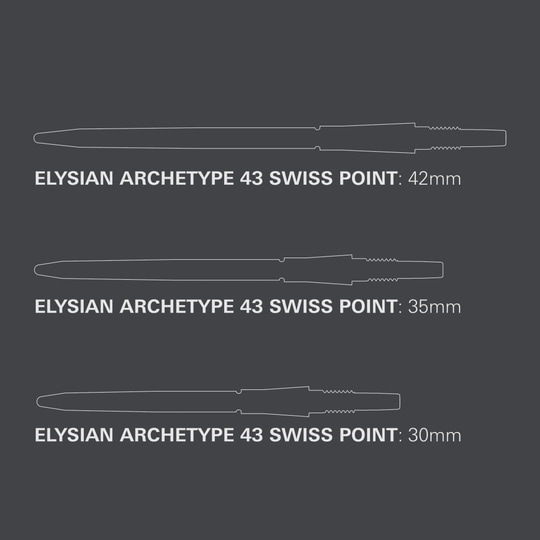 Špičky na šipky Target Elysian Archetype 43 Swiss Point ocelové - černé Das Bild zeigt die Target Elysian Archetype 43 Swiss Point Steeldartspitzen in Schwarz. Die Dartspitzen sind robust und für professionelle Spieler geeignet.