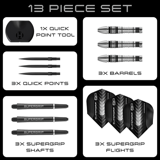Harrows Supergrip Bomb Quick Point ocelové šipky Hier sind die Harrows Supergrip Bomb Quick Point Steeldarts zu sehen. Die Darts eignen sich hervorragend für präzises Spiel.