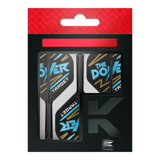Das Bild zeigt eine Packung „Target K-Flex Phil Taylor No2 Standard Flights“. Die Flights sind überwiegend schwarz und weiß mit blauen und goldenen Akzenten und der Aufschrift „The Power“.