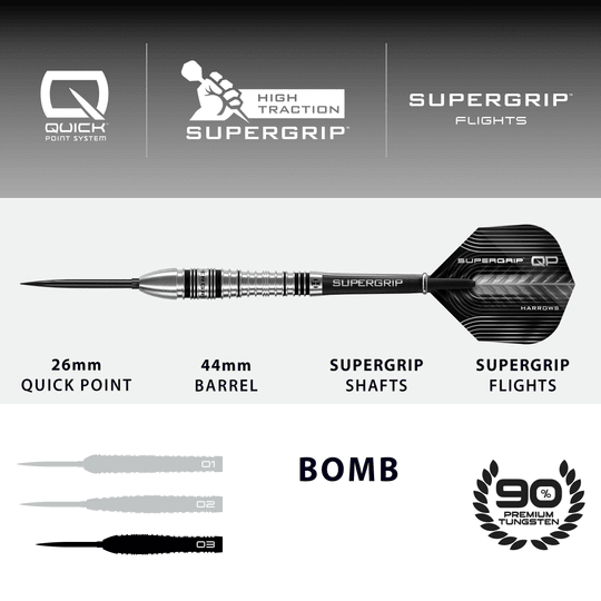 Harrows Supergrip Bomb Quick Point ocelové šipky Dies ist ein Bild der Harrows Supergrip Bomb Quick Point Steeldarts. Die Steeldarts zeichnen sich durch ihren besonders guten Grip aus.