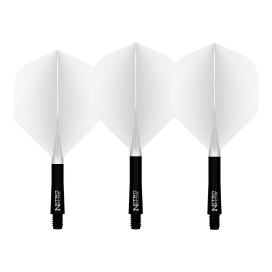 Abgebildet ist der Red Dragon Nitroflite Black Shaft White Flights No2. Es handelt sich um einen Dart-Schaft in Schwarz mit weißen Flights.