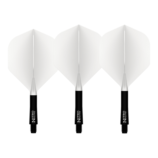 Red Dragon Nitrofile Černá šachta Bílé letky č. 2 Abgebildet ist der Red Dragon Nitroflite Black Shaft White Flights No2. Es handelt sich um einen Dart-Schaft in Schwarz mit weißen Flights.
