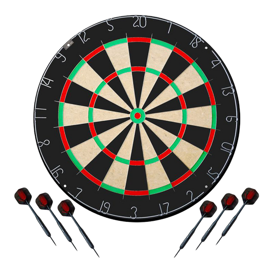 Sada terčů Karella BullOut včetně 2 sad ocelových šipek Das Bild stellt das Karella Dartboard BullOut Set mit zwei Sets Steeldarts dar. Es bietet alles, was man für ein direktes Dartspiel benötigt.