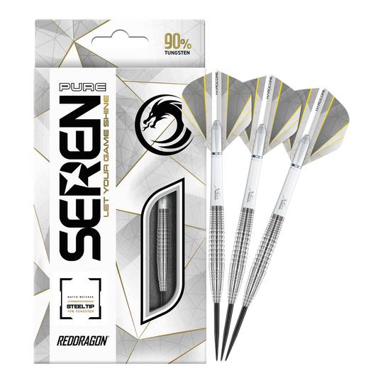 Red Dragon Seren 4 Pure Steeldarts Das Bild zeigt die "Red Dragon Seren 4 Pure Steeldarts" mit einer eleganten Verpackung. Drei silberne Steeldarts mit weißen Flights liegen neben der Packung, die 90% Tungsten hervorhebt.