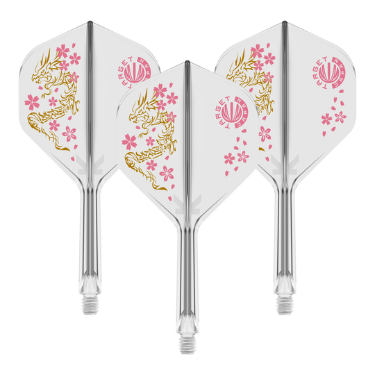 Das Bild zeigt drei Dartflights des Produkts "Target Japan K-Flex Smash No2 Standard Flight-Shaft-System". Die Flights sind weiß mit einem goldenen Drachendesign und rosa Kirschblüten verziert.