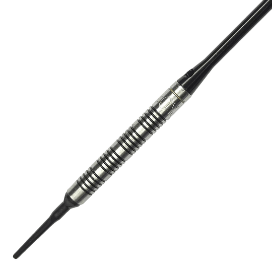 McDart 85 Tungsten V17 Softdarts - 16,5g Das Bild zeigt einen McDart 85er Tungsten V17 Softdart mit einem Gewicht von 16,5g. Der Dart hat ein silber-schwarzes, griffiges Barrel und eine schwarze Spitze.
