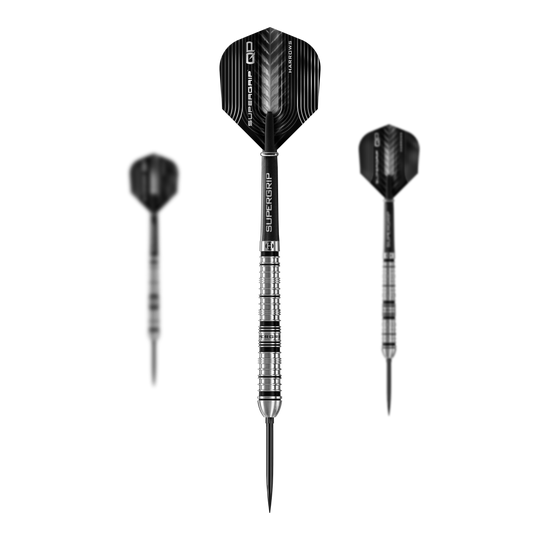 Harrows Supergrip Tapered Quick Point ocelové šipky Das Produktbild präsentiert die Harrows Supergrip QP Tapered Quick Point Steeldarts. Diese Darts zeichnen sich durch ihre spezielle Form und hochwertige Verarbeitung aus.