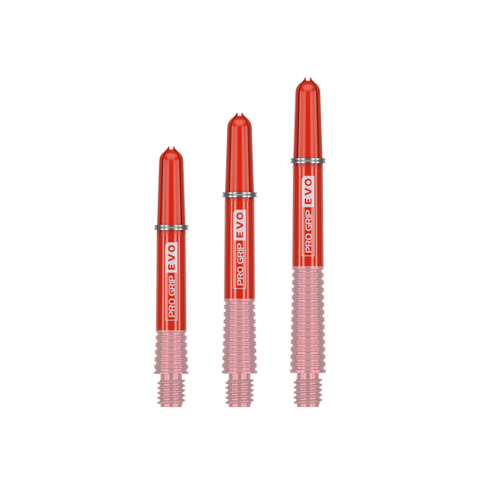 380085_Target_ProGrip_EVO_Tops_Rot_2 Das Bild zeigt drei rote Ersatztops für Dartshafts mit der Aufschrift "Pro Grip EVO". Sie sind unterschiedlich lang und gehören zum Produkt "Target Pro Grip EVO Ersatztops (9er Pack)".