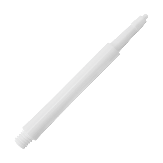 Das Bild zeigt einen weißen Harrows Clic Standard Shaft für Darts. Der Schaft ist aus Kunststoff und hat ein einfaches, geradliniges Design.