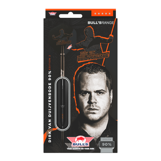 Ocelové šipky Bulls NL Dirk Van Duijvenbode Edition 2 Die Abbildung zeigt die Verpackung der "Bulls NL Dirk Van Duijvenbode Edition 2 Steeldarts". Auf der Verpackung ist ein Bild von Dirk Van Duijvenbode sowie ein Dartpfeil zu sehen.