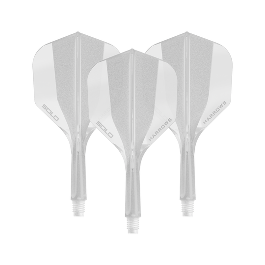 Zu sehen ist ein Harrows Solo No6 Flight Shaft System in klarer Ausführung, 20mm, als Set. Das Produkt wird als Ersatzteil für Dartpfeile verwendet.