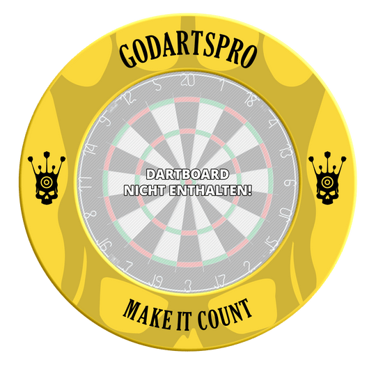 Obložení terče Go Darts Pro Abgebildet ist ein gelber Dartboard-Surround aus der GoDartsPro-Serie. Das Produkt bietet Schutz für die Wand und das Dartboard.