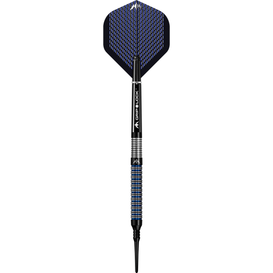 Měkké šipky Mission Nightfall Model 1 Das Bild zeigt einen Softdart namens "Mission Nightfall Model 1". Der Dart hat schwarze und blaue Akzente sowie eine strukturierte Griffzone.