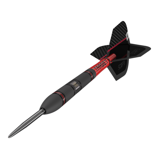 Ocelové šipky Target Scope 02 Swiss Point Das Bild zeigt den Target Scope 02 Swiss Point Steeldart. Der Dartpfeil hat ein schwarzes und rotes Design mit einer metallischen Spitze und schwarzen Flights.