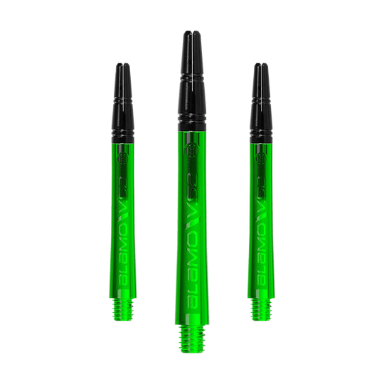 Hřídele Harrows Alamo VS2 - zelené Ein Set langer Dart-Schäfte mit glänzender Textur ist zu sehen. Die Schäfte liegen sortiert nebeneinander.