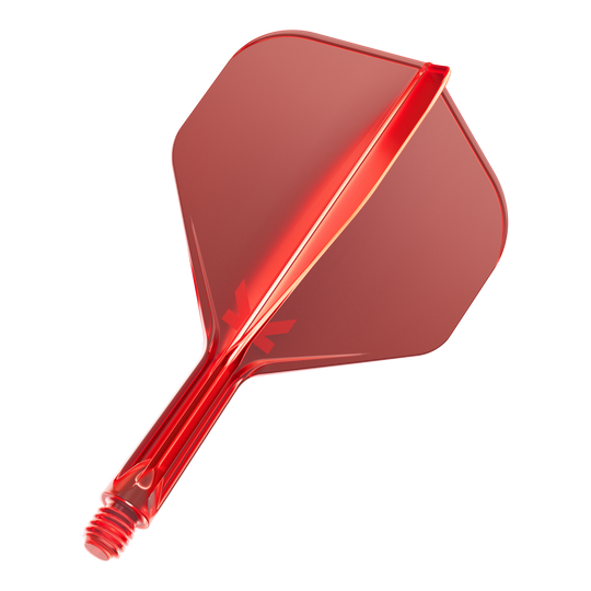 Standardní letový systém Target K-Flex No2 - červený Das Bild zeigt eine rote Dartflügel-Kombination mit integriertem Schaft. Die Oberfläche ist glänzend und leicht transparent.