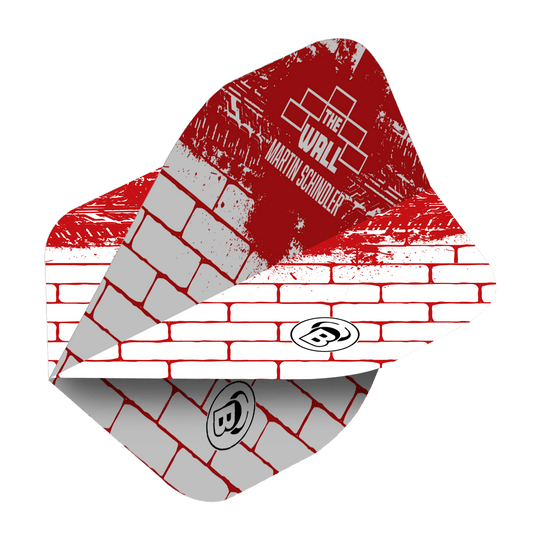 Bulls Metrixx Martin Schindler White Red No2 Standard Flights Das Bild zeigt ein Dartflight im roten und weißen Ziegelstein-Design mit der Aufschrift "The Wall Martin Schindler". Das Produkt ist ein Bulls Metrixx Martin Schindler White Red No2 Standard Flight.