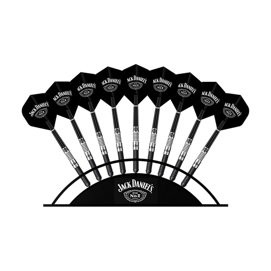 JD7020_Mission_Jack_Daniels_Arc_Darts_Display_2 Das Bild zeigt einen Bogenständer mit neun schwarzen Jack Daniels Darts. Auf jedem Dart ist das Jack Daniels Logo zu sehen.