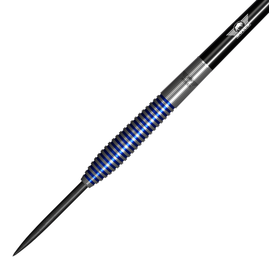 Ocelové šipky Bulls NL Romeo Grbavac - 23g Das Bild zeigt einen Steeldartpfeil mit silbernen und blauen Ringen am Griff. Es handelt sich um das Produkt "Bulls NL Romeo Grbavac Steeldarts - 23g".