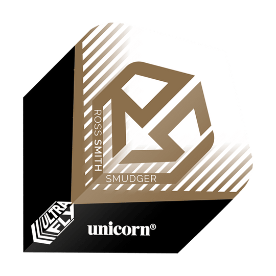 Letky Unicorn Ultrafly 100 Ross Smith Plus Das Bild zeigt ein Dartflight mit dem Namen "Unicorn Ultrafly 100 Ross Smith Plus Flights". Es ist in Schwarz, Weiß und Gold gestaltet und trägt den Namen "Ross Smith" sowie das Logo "Unicorn".