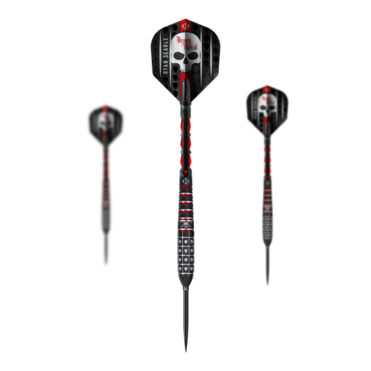 Das Bild zeigt die Harrows Ryan Searle Series 3 Quick Point Steeldarts. Es handelt sich um ein Set moderner Darts für das Steeldartspiel.