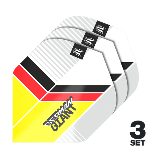 Target Pro Ultra Gabriel Clemens No2 Standard Flights - 3 Sets Das Bild zeigt drei Sätze der "Target Pro Ultra Gabriel Clemens No2 Standard Flights". Die Flights sind im Design der deutschen Flagge gehalten und tragen den Schriftzug "German Giant".