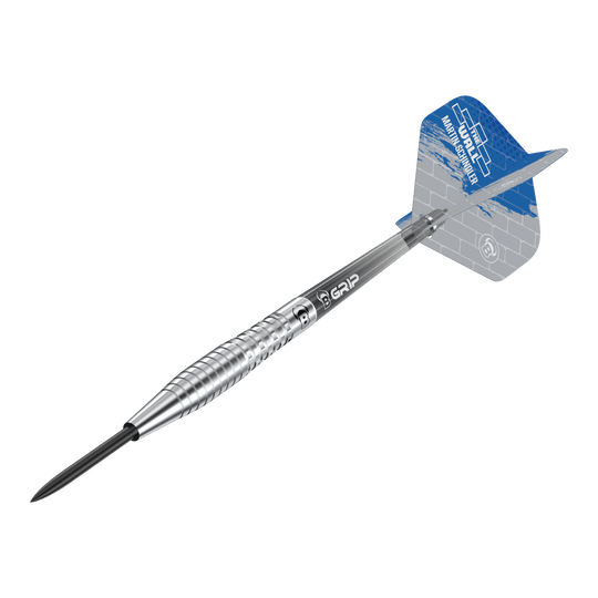 Das Bild zeigt einen Bulls Martin Schindler Original Generation 2 Steeldartpfeil. Der Dartpfeil hat einen silbernen, geriffelten Schaft und ein blau-graues Flight mit Aufdruck.