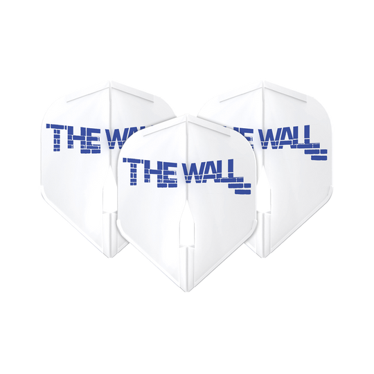 Letky Martin Schindler White L1PRO ve stylu L Das Bild zeigt drei weiße Dartflights mit der Aufschrift "THE WALL" in blauer Schrift. Die Flights sind das Modell "L-Style Martin Schindler Weiß L1PRO".