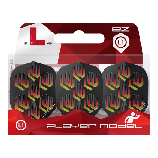 Das Bild zeigt die L-Style Lukas Wenig V1 Black L1EZ Flights in einer Verpackung. Die Flights sind schwarz mit einem auffälligen rot-gelb-goldenen Muster.