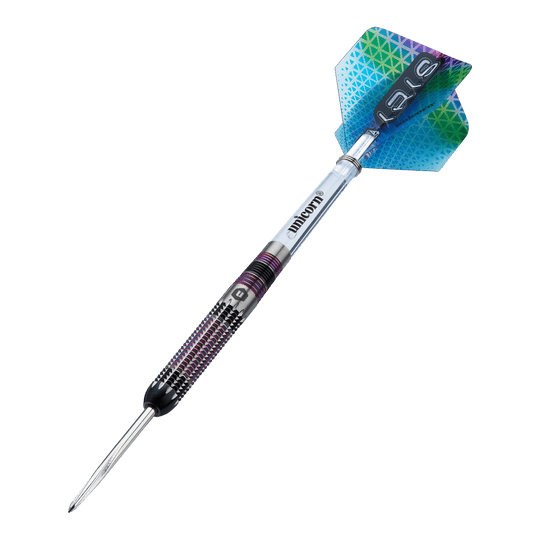 Ocelové šipky Unicorn Iris Dies ist ein Unicorn Iris Steeldart mit einer farbigen Spitze und einem strukturierten Griff. Die Flights haben ein buntes, geometrisches Muster in Blau und Grün.