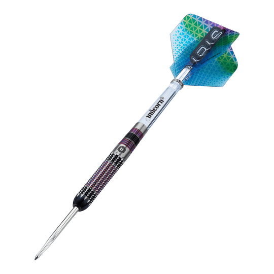Ocelové šipky Unicorn Iris Unicorn Iris Steeldarts sind als Set abgebildet. Die Darts haben eine auffällige Form.