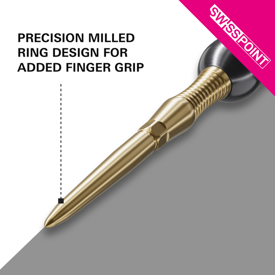Hier sind die Target Swiss Point Dartspitzen Signature RST - Gold zu sehen. Die goldfarbenen Spitzen sind ein hochwertiges Zubehör für Dartspieler.