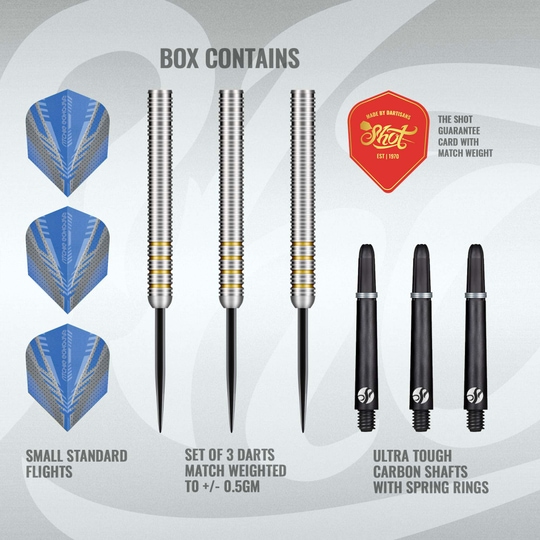Šipky Shot Ritchie Edhouse Core Steel Auf dem Bild sind die Shot Ritchie Edhouse Core Steeldarts zu sehen. Dieses Produkt ist speziell für Dartspieler entwickelt.