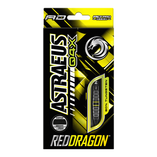 Šipky Red Dragon Astraeus Q4X Torpedo Soft - 20g Die Verpackung zeigt die "Red Dragon Astraeus Q4X Torpedo Softdarts" mit einem Gewicht von 20g. Das Design ist in Schwarz und Gelb gehalten und hebt hervor, dass die Darts aus 90% Tungsten bestehen.