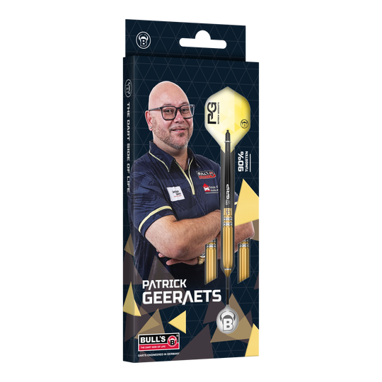 Auf dem Bild ist die Verpackung der "Bulls Patrick Geeraets Steeldarts - 23g" zu sehen. Auf der Vorderseite ist ein Foto von Patrick Geeraets sowie ein abgebildarter Dartpfeil.