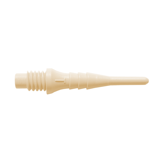 Bulls_Tefo-X_Softdartspitzen_Naturweiss_1IX8aFCAEkjqTH Das Bild zeigt eine einzelne, cremefarbene Dartspitze aus Kunststoff. Es handelt sich um eine Bulls Tefo-X Shark Point, wie sie im 100er Pack verkauft wird.