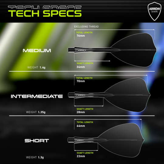 Das Bild zeigt technische Spezifikationen für drei verschiedene Längen des Winmau Fusion Arrow Flight-Shaft-Systems: Medium, Intermediate und Short. Für jede Länge werden das Gewicht sowie die Gesamt- und Schaftlänge in Millimetern angegeben.