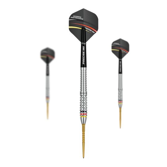 Přesné ocelové šipky Ricardo Pietreczko GEN1 180 Das Bild zeigt ein Set der Precise 180 Ricardo Pietreczko GEN1 Steeldarts. Enthält mehrere Steeldarts für Wettkämpfe oder Training.