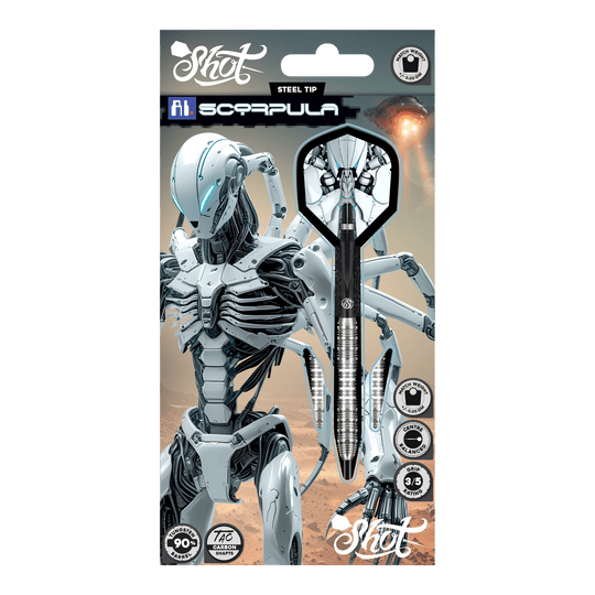 Střelecké AI Scorpula Steeldarts Das Bild zeigt die Shot AI Scorpula Steeldarts. Die Darts haben ein modernes und auffälliges Design.