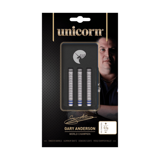 27444_Unicorn_World_Champion_Gary_Anderson_Phase_3_Steeldarts_3 Das Bild zeigt die Verpackung der "Unicorn World Champion Gary Anderson Phase 3 Steeldarts". In der Mitte sind drei Dart-Barrels zu sehen, daneben ist ein Bild von Gary Anderson abgebildet.