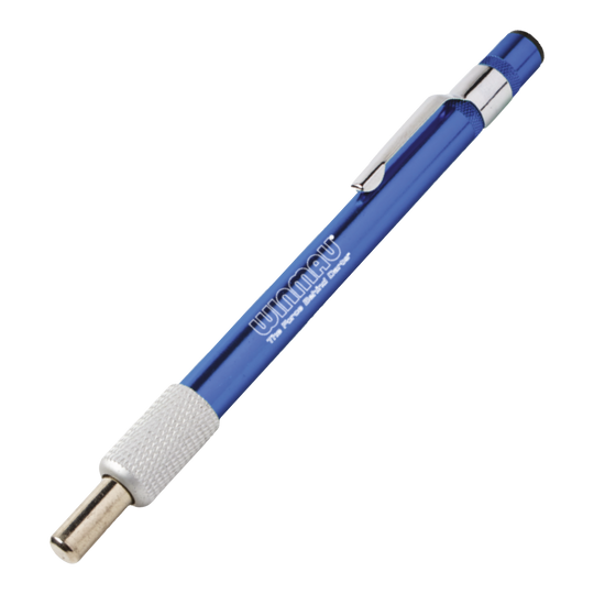 Brousek Winmau Diamond Point Ein blauer Schleifstein für Dartspitzen ist abgebildet. Das Produkt dient dazu, die Spitzen von Darts zu schärfen.