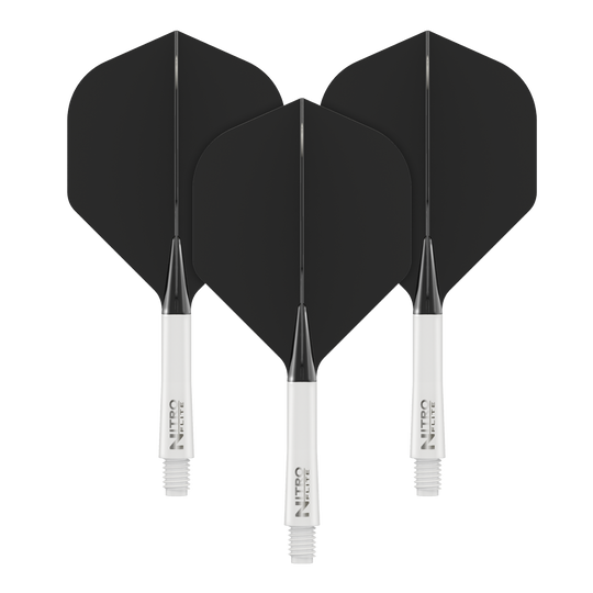 Red Dragon Nitroplte - White Shaft Black No2 Flights Auf dem Bild sind drei schwarze Dartflights mit weißen Shafts zu sehen. Sie stehen nebeneinander und zeigen das gleiche Design.