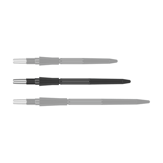 Ein schwarzer Dartspitzenaufsatz ist auf dem Bild zu sehen. Die Spitze ist 35 mm lang.