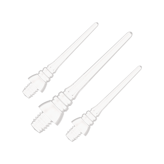 Winmau Triton Softtip Points Softdartspitzen (50-er Pack) Auf dem Bild sind drei weiße Softdartspitzen mit Gewinde zu sehen. Sie liegen nebeneinander auf einem weißen Hintergrund.
