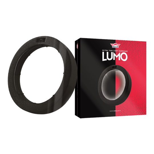 Systém prostorového osvětlení Bulls NL Lumo Light Das Bild zeigt das Produkt "Bulls NL Lumo Light Surround Beleuchtungssystem". Links ist der Leuchtring selbst zu sehen, rechts die Verpackung mit Produktnamen und Design.