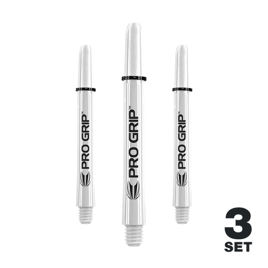 Das Bild zeigt drei weiße Dartschäfte mit der Aufschrift "PRO GRIP". In der unteren rechten Ecke steht "3 SET".
