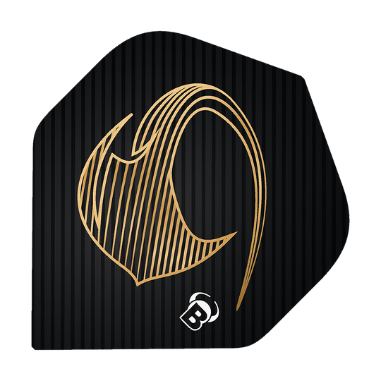 Standardní lety Bulls Metrixx Stingray No2 Das Bild zeigt ein schwarzes Dart Flight mit einem goldenen, stilisierten Stingray-Design. Unten ist ein kleines weißes "B" Logo abgebildet.