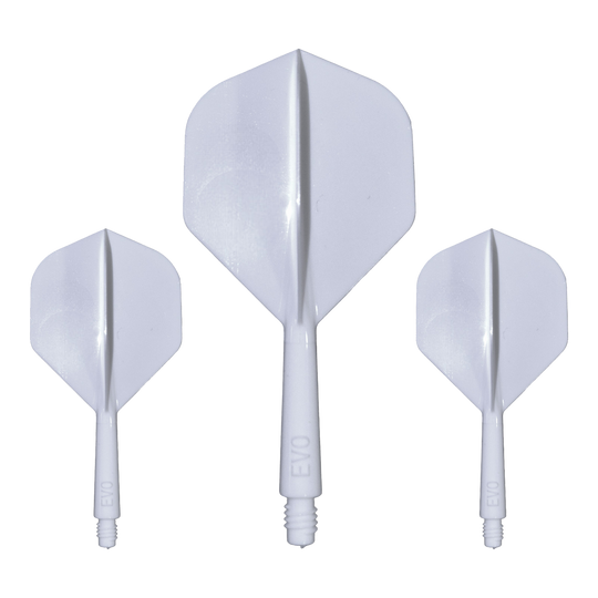 Systém letové hřídele EVO1 - bílý Hier ist das Evolution EVO1 Flight-Shaft-System in Weiß abgebildet. Dieses Produkt ist für den Einsatz im Dartsport bestimmt.