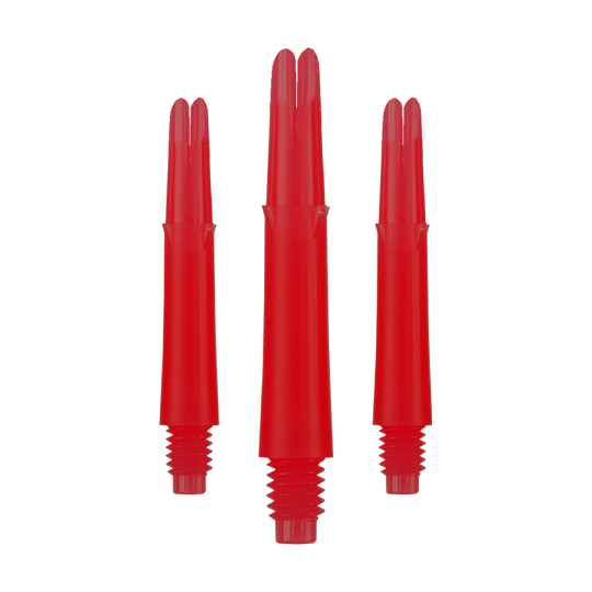 L-tvarované L-hřídele, zajištěné rovné - červené Auf dem Bild sind drei rote, gerade Dartschäfte zu sehen. Sie haben ein Schraubgewinde am unteren Ende und sind jeweils 32 mm lang.