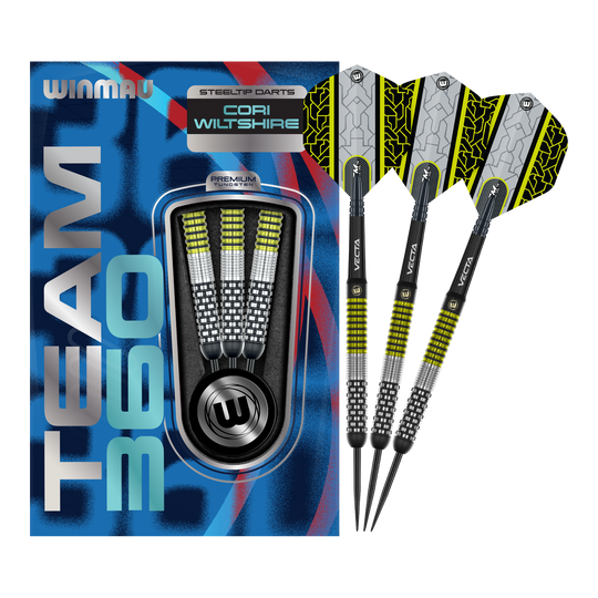 Šipky Winmau Team 360 Cori Wiltshire ocelové - 24g Das Bild zeigt die Winmau Team 360 Cori Wiltshire Steeldarts mit 24 Gramm. Diese hochwertigen Steeldarts sind für professionelle Dartspieler geeignet.